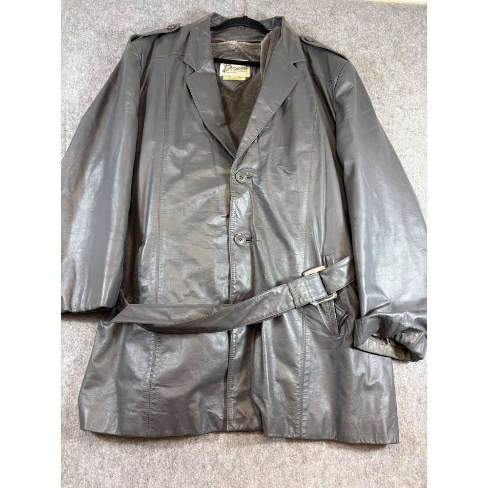 Vintage 70s Bermans Leather Trench Coat Mens 52C Gray Belted Faux Fur Jacket